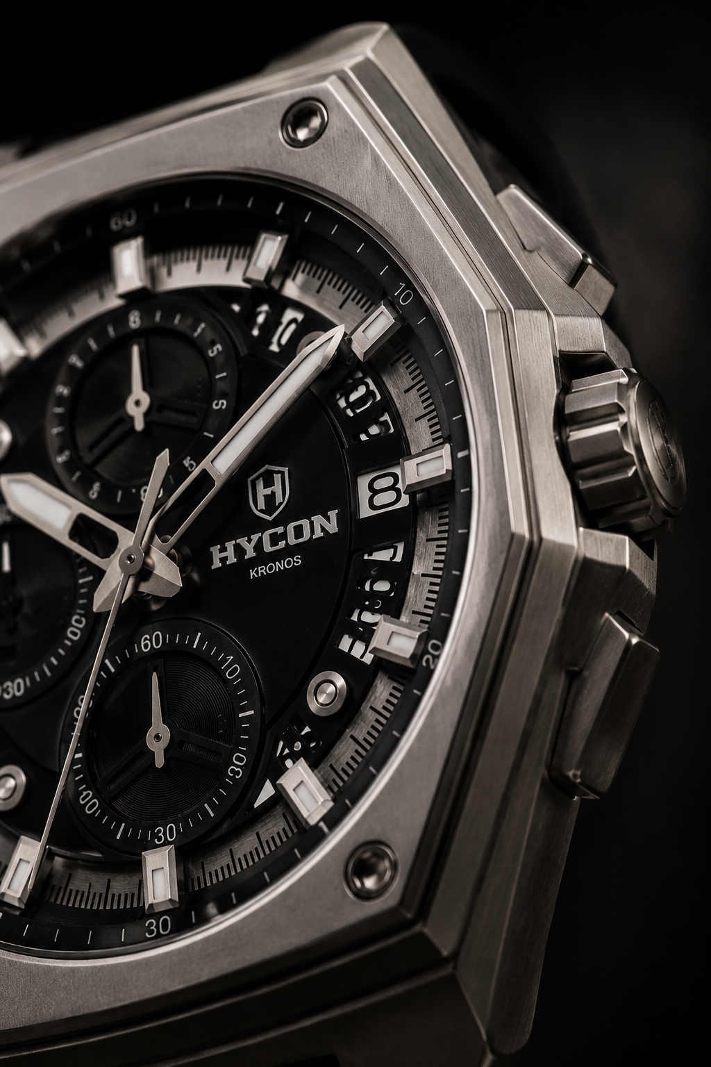 Close-up of a HYCON Kronos chronograph dial and case